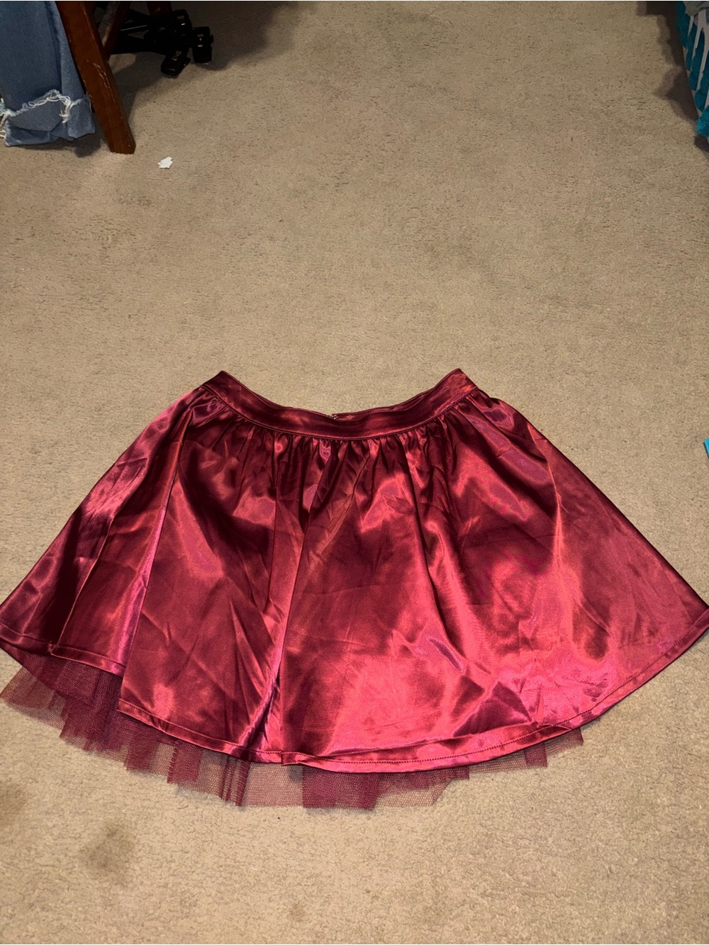 Altar'd State Wine Red Satin Circle Skirt with Tulle
